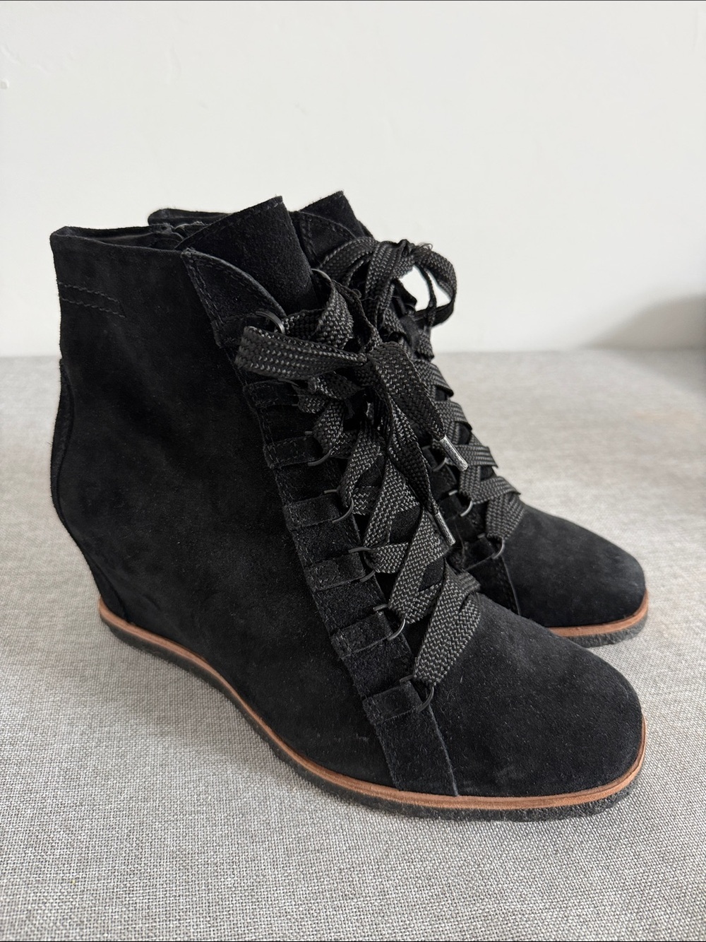 Earth Kalmar Black Suede Lace-Up Wedge Ankle Boots